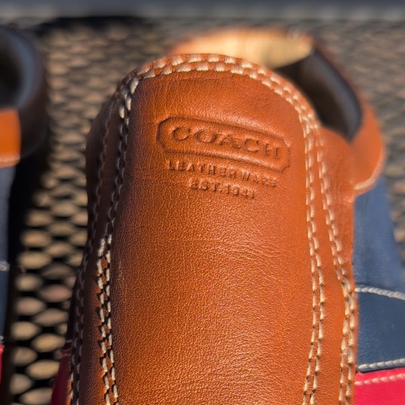 COACH  Blue and Tan Leather Slide On Mules with Red Accent sz 5 M - Picture 2 of 7